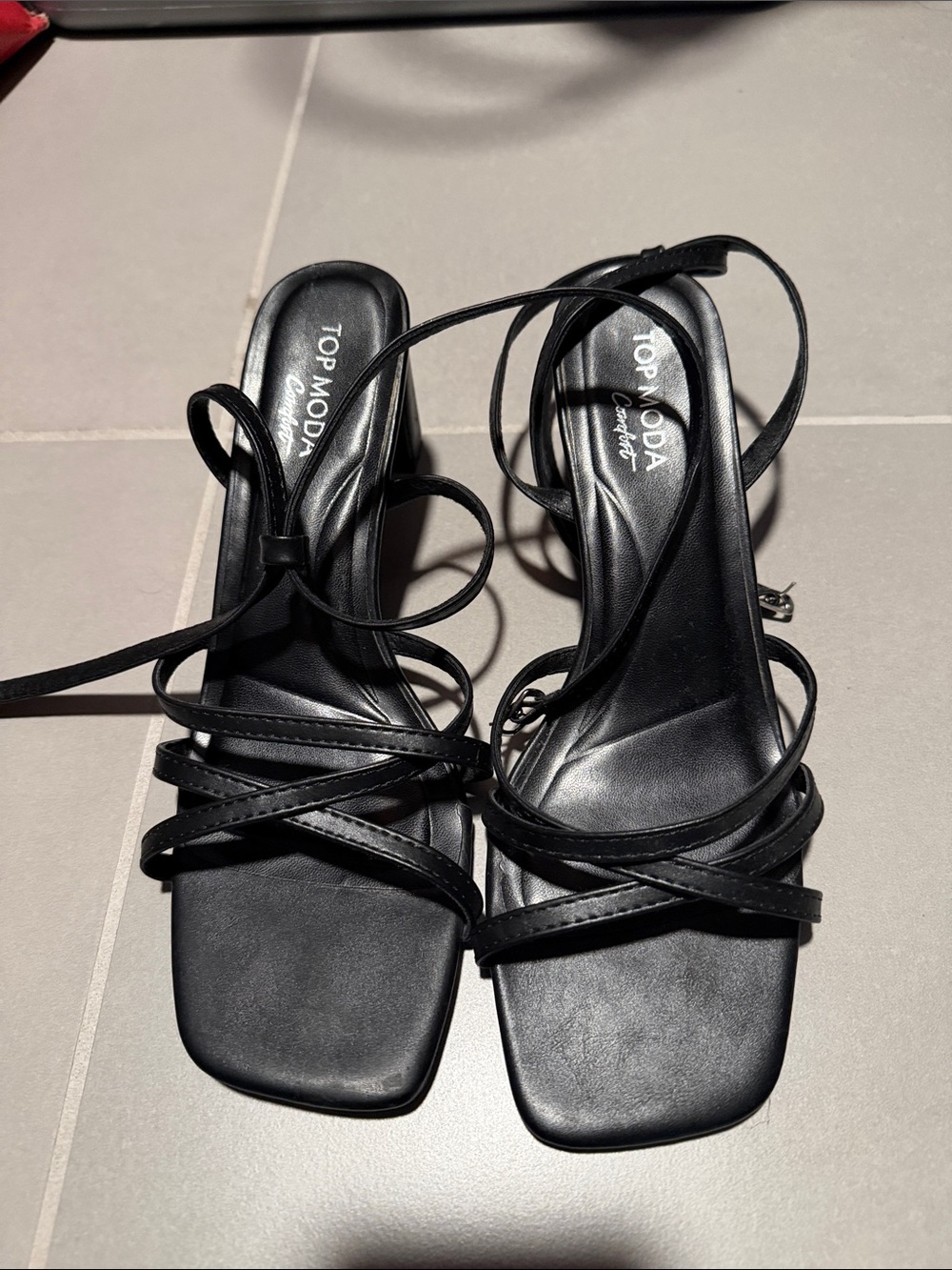 TOP Moda Black Strappy Square-Toe Lace-Up Heels